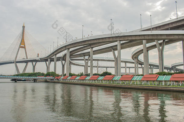 普密蓬桥或工业环线桥是混凝土公路立交桥，跨越泰国赵法雅河。