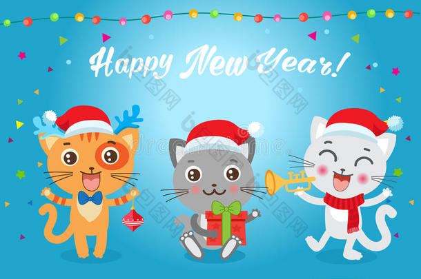 圣诞小猫矢量。 穿着圣诞服装的猫。 新年假期<strong>主题设计</strong>。