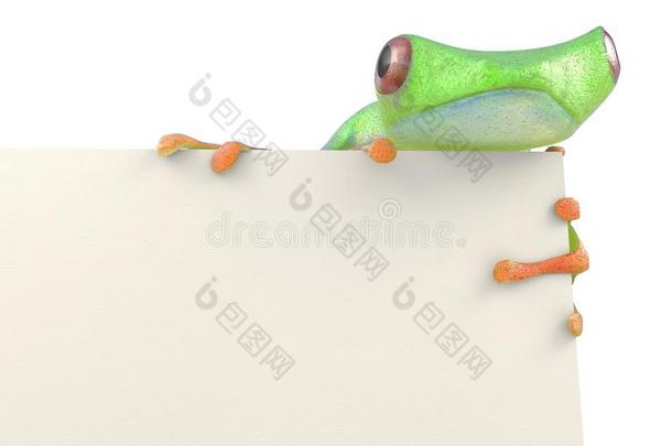 绿树红眼蛙坐在纸上广告牌上的标志3D插图