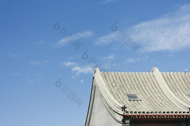中国传统建筑屋顶蓝色的特写细节