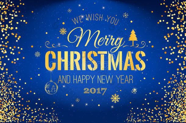 2017年圣诞节和新年印刷，蓝色背景，金色闪光纹理。金色背景矢量图