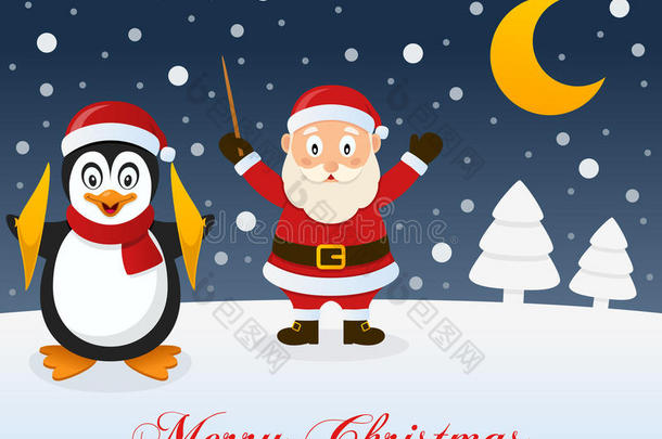 圣诞夜，圣诞老人和企鹅