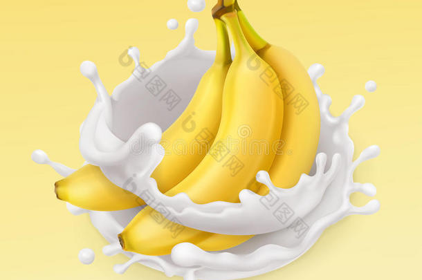 香蕉和牛奶飞溅。 水果和酸奶。 矢量图标