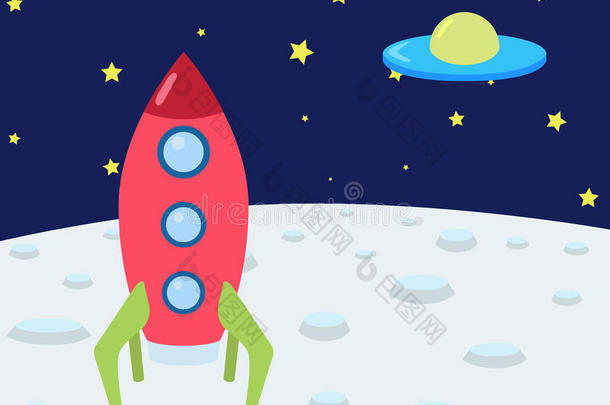 彩色插图与空间，火箭，月亮和UFO。 用卡通风格制作的。