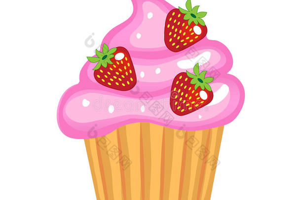 可爱的纸杯蛋糕，<strong>扁平</strong>的<strong>卡通</strong>风格。 蛋糕加奶油和草莓。 在白色背景上隔离。 矢量插图
