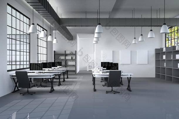 三维渲染：现代室内创意设计师办公室桌面插图与PC计算机。计算机实验室。工作场所