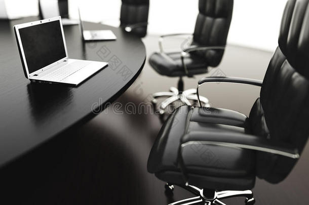 会议室、会议室和带有笔记本的会议桌。 商业概念。 隔离3D渲染。