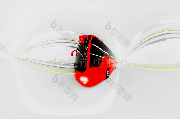 360度全景。 红色旅游巴士在隧道里。 快速驾驶。 旅游概念。 三维渲染。