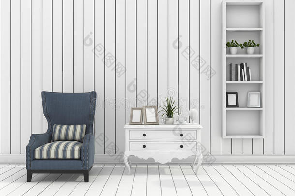 三维渲染白色现代墙壁客厅与经典扶手椅