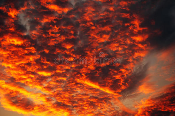 世界末日的橙色云在冬天的日落
