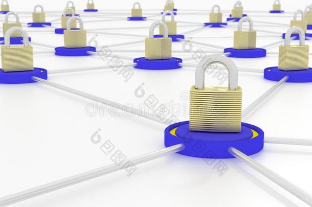 连接平台蓝色与黄金挂锁在顶部的<strong>网络安全网络安全</strong>