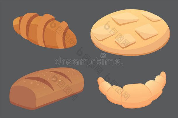 不同的面包和烘焙产品矢量插图。 早餐吃面包。 把烘焙食品隔离<strong>开来</strong>