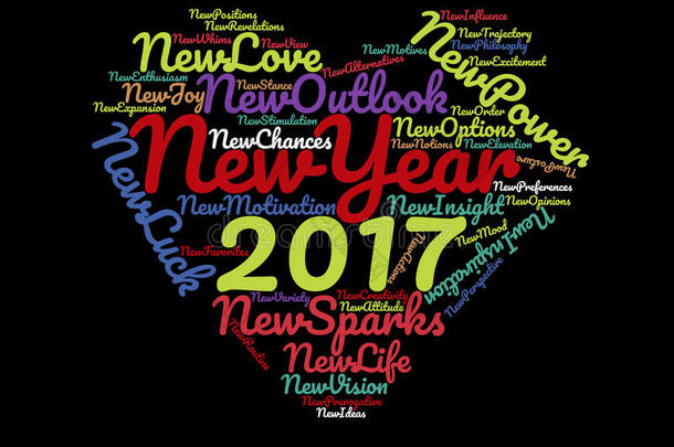 2017年新年快乐，励志名言和励志名言，黑色背景，原色，心，图形艺术海报