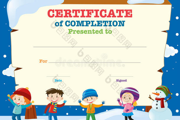 证书模板与孩子在雪中