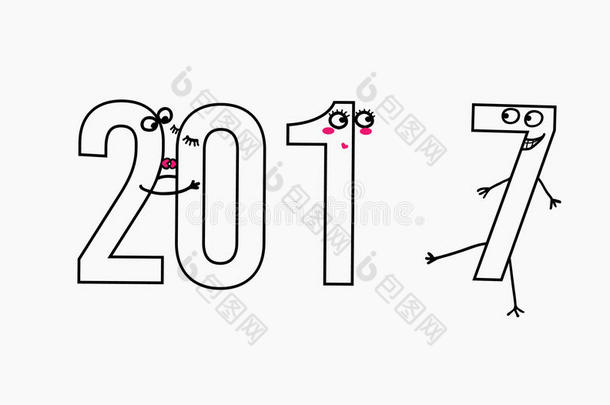 贺卡和横幅<strong>2017</strong>年平线<strong>设计</strong>理念。 新年会议的有趣卡通解释