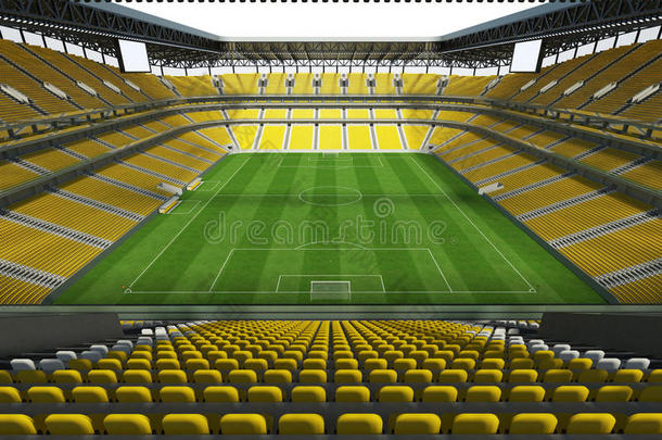 三维渲染一个大<strong>容量</strong>的足球体育场，有一个开放的屋顶和黄色的座位