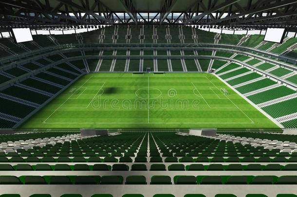 三维渲染一个大<strong>容量</strong>的足球体育场，有一个开放的屋顶和绿色的座位