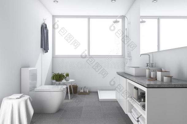 三维渲染明亮的白色清洁厕所和浴室