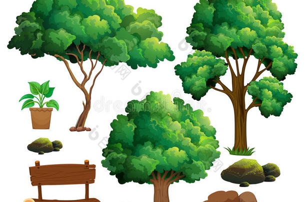 不同类型的树木和花园元素