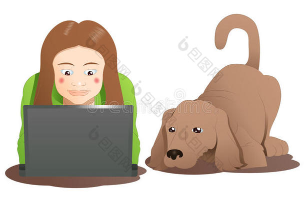 一只棕色的狗和一个<strong>学习笔记</strong>本电脑的女人