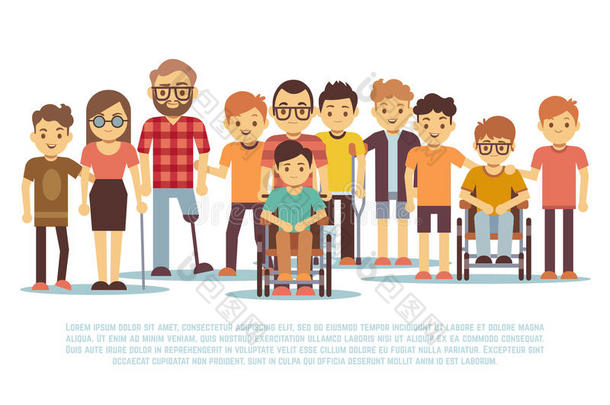 残疾儿童、残疾儿童、轮椅矢量集的多样化学生