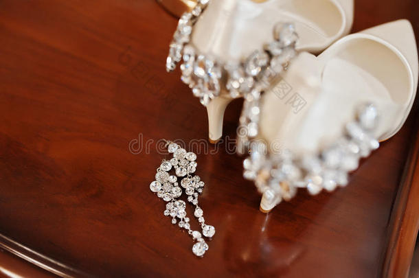 漂亮的新娘结婚鞋，在木甲板上戴着灿烂的胸针和耳环。