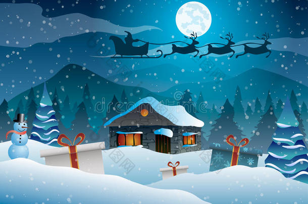 圣诞节。 房子以树木、月亮和山脉为背景。 圣诞老人，礼物和雪人。