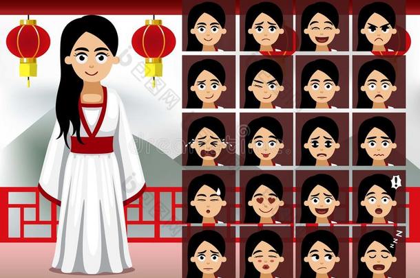 中国古代服饰女装卡通情感面向向量图