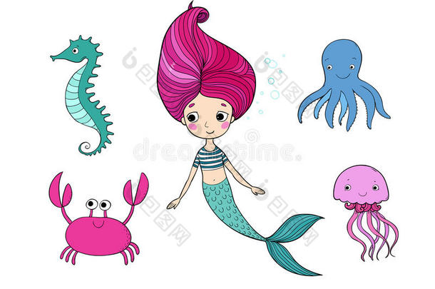 可爱的卡通美人鱼，有趣的螃蟹，水母，章鱼和海马。