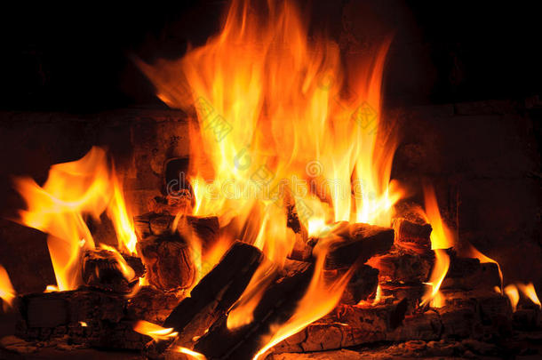 壁炉里<strong>火焰</strong>的特写，<strong>火焰</strong>和<strong>燃烧</strong>的树林