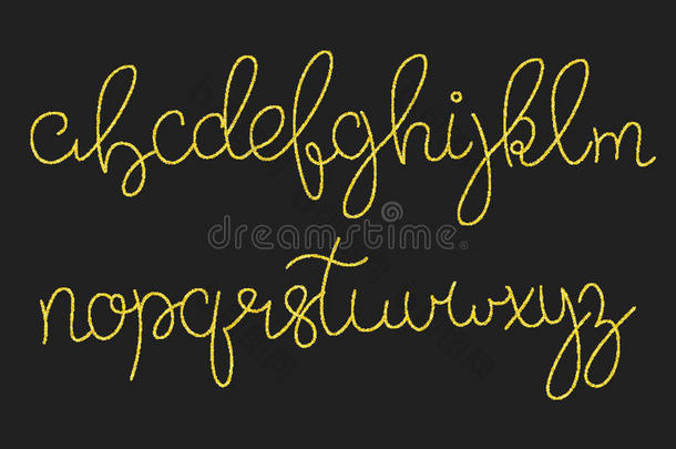 闪光的黄金脚本字母表。 闪亮的毛笔书法字体
