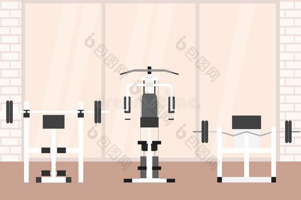 健身健身房内部<strong>模板</strong>与<strong>运动</strong>设备和有氧设备，<strong>运动</strong>自行车，跑步机，椭圆