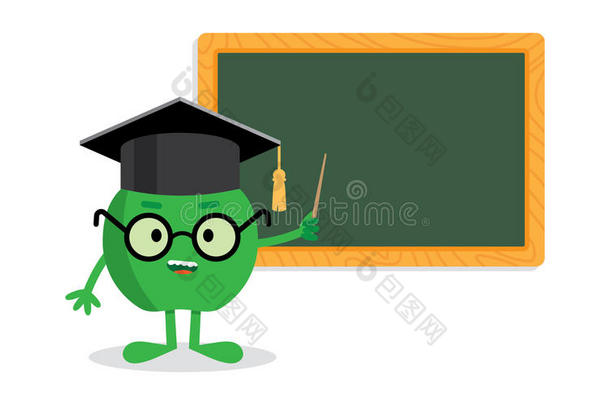 绿苹果站在黑板附近，指针作为老师