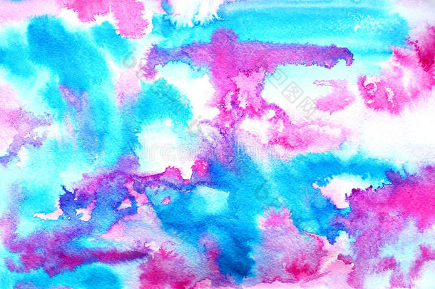 抽象的蓝色粉红色水墨画上的灰纸纹理。 手绘水彩背景。 洗。插图污渍