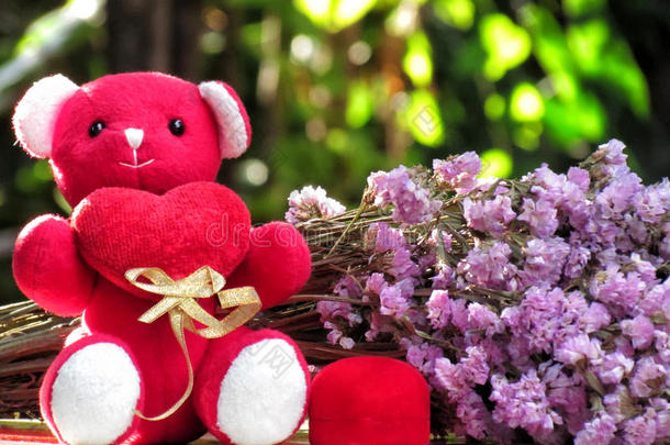 情人节的爱情概念，泰迪熊坐在红色的心与红色天鹅绒<strong>盒</strong>子与<strong>戒指</strong>和花束并排