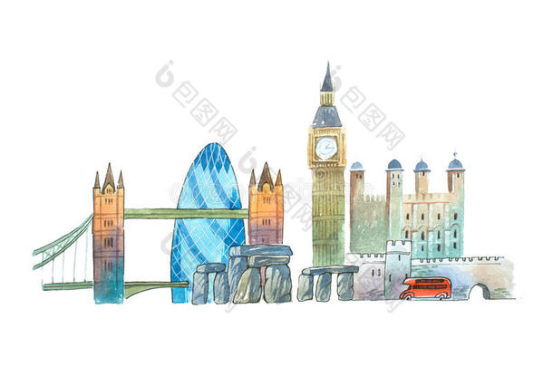 伦敦城市天际线著名地标旅游和旅游Waercolor插图。