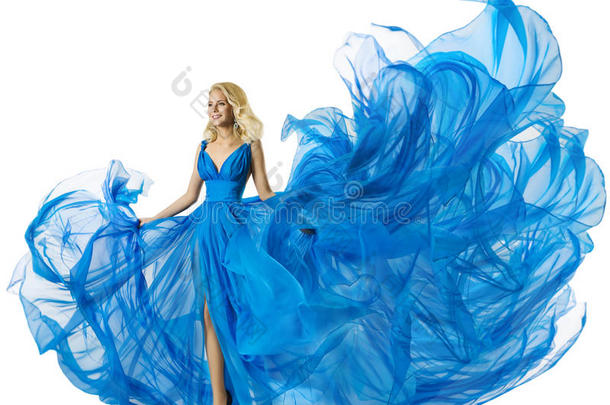 时尚<strong>模特</strong>跳舞蓝色连衣裙飞行面料，女人挥动长袍