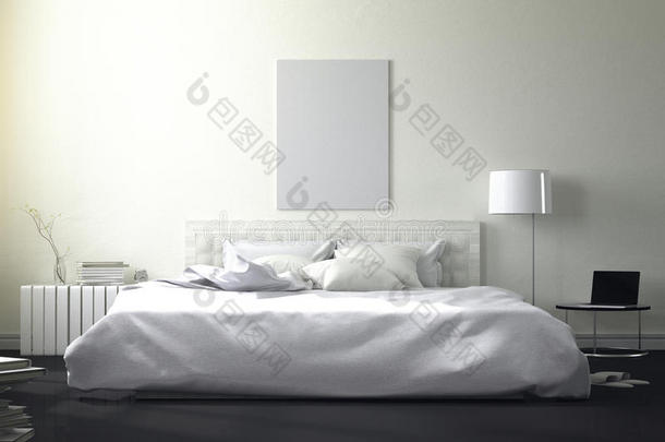 3d效果图：大而宽敞的卧室，柔和的灯光。雅致的卧室里有一张舒适的大床
