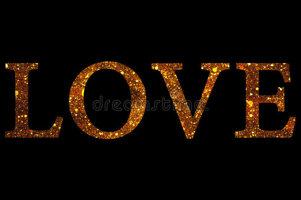 金色闪闪发光的粒子喜欢黑色背景上的文字形状，节日情人节的爱情