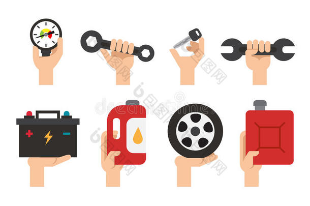 汽车维修服务。 自动机械工具和设备。 修复运输工作矢量集
