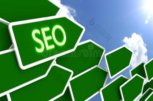 蓝色天空上有SEO字样的绿色箭头