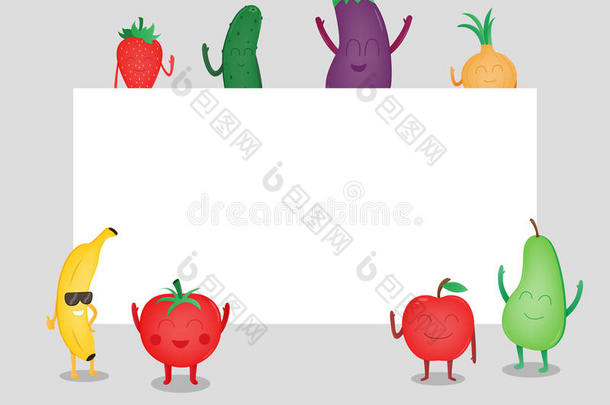 <strong>卡通水果</strong>和蔬菜。 生态食品背景。 带有文本空间的模板。 矢量