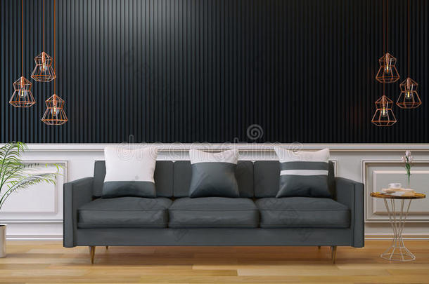 黑色现代客房内部，白色沙发和木地板与黑色实木墙，3D渲染