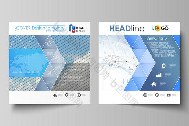 广场设计宣传册、传单、年报业务模板。传单封面，矢量布局。蓝色抽象