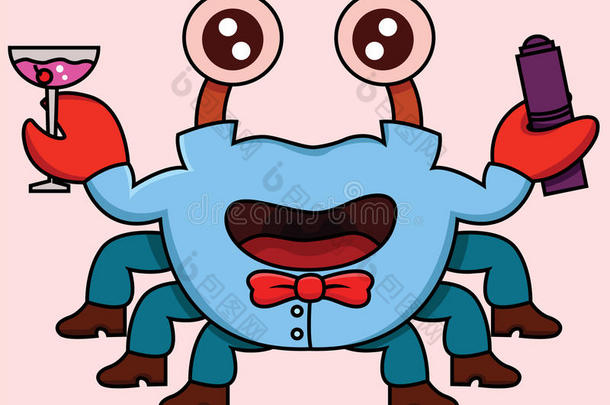 一只有趣的<strong>螃蟹</strong>作为酒保工作的<strong>卡通</strong>插图
