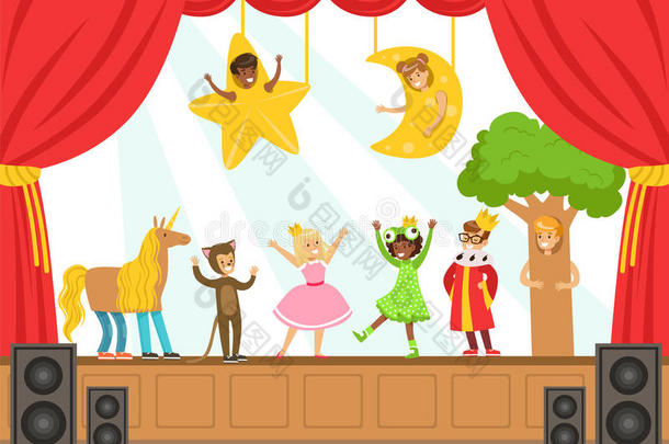 <strong>儿童</strong>演员表演童话在舞台上的天赋显示彩色矢量插图与天才学童