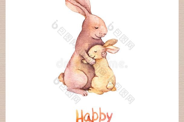 母亲节卡片与可爱的动物-兔子妈妈拥抱她可爱的孩子。 水彩艺术