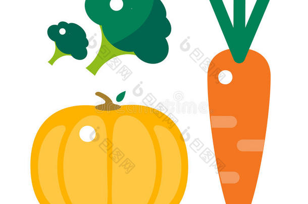 新鲜橙色南瓜，胡萝卜和西兰花分离矢量插图。