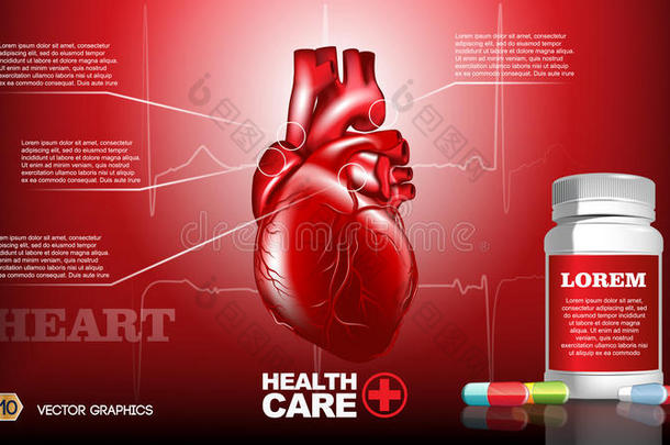 数字矢量不真实的现实人类心脏。 优质插图详细器官。 保健药物丸