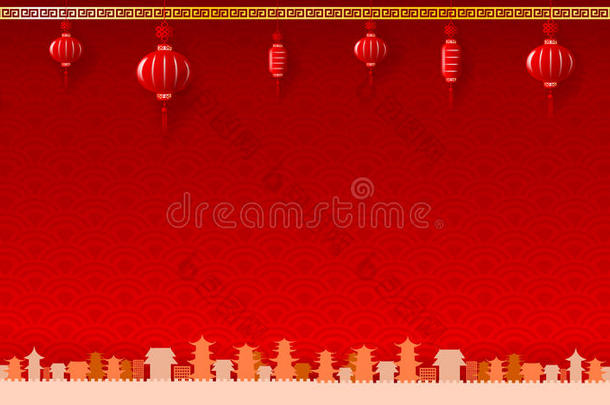 中国艺术风格与红灯笼和黄色边框抽象巴
